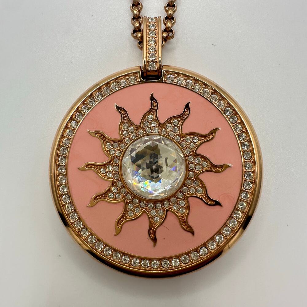 Wintex rose gold pink enamel clear rhinestones quartz pocket watch necklace